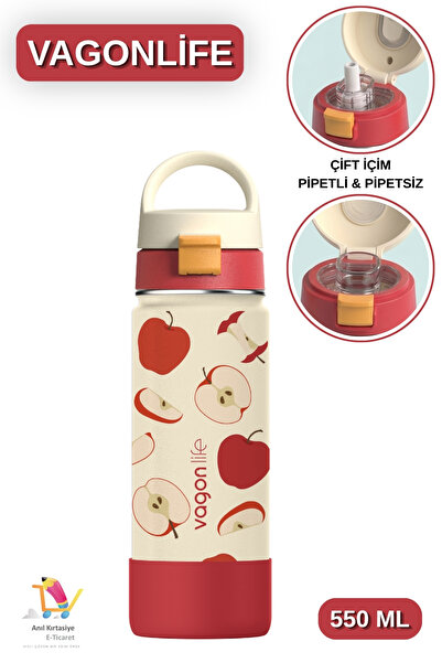 Vagonlife 550 ML Desenli Çift İçim - Pipetli / Pipetsiz Taşıma Kulplu Paslanm...