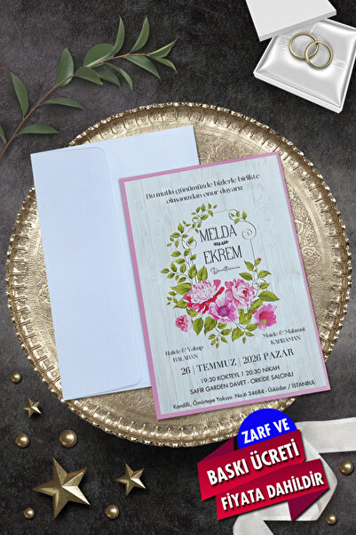 Cem Davetiye Düğün Nişan Nikah Kına Davetiyesi 3431 (100 ADET) Baskı Dahil