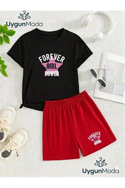 UygunModa Play Girl Star Printed T-Shirt Shorts Summer Children's Set