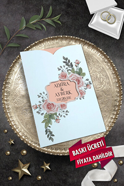 Cem Davetiye Düğün Nişan Nikah Kına Davetiyesi 9001 (100 ADET) Baskı Dahil