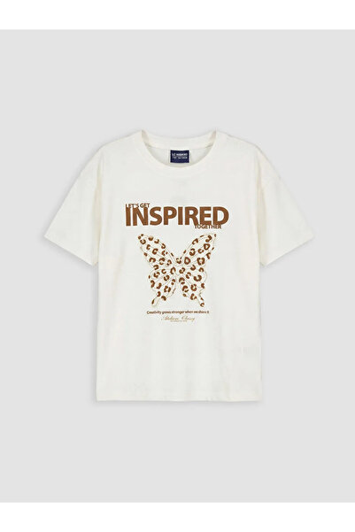LC Waikiki Ecru Butterfly Printed Girls' T-Shirt