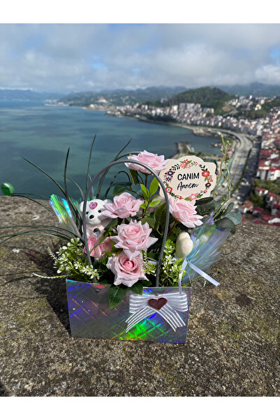 destiny flowers Yapay Çiçek çantası (beyaz-pembe ayıcıklı)