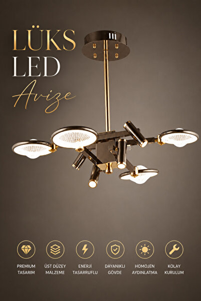 Elvora Home Modern (PREMİUM) Gold LED Avize Salon Oturma Odası Dekoratif Lüks...