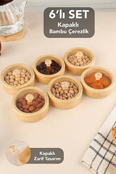 Meleni Home 6'lı Kapaklı Yuvarlak Bambu Çerezlik Seti - Kahve Yanı Sunum Kase...