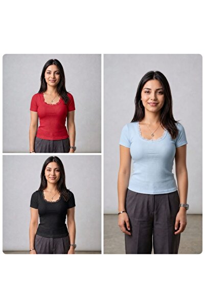 MİLYA&GYM Tricou din 3 piese pentru femei, din țesătură ribbită, cu detaliu d...