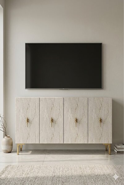 CENEYRA KA1217BTG SALKIM Konsol ve Tv Sehpası Beyaz-Traverten-Gold 120cm
