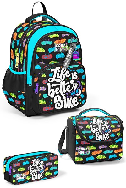 Coral High Set de genți de școală din 3 piese cu model de biciclete de culoar...
