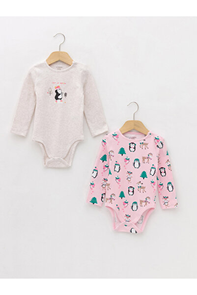 LC Waikiki Crew Neck Long Sleeve Printed Cotton Baby Girl Snap Snap Body 2 Pack