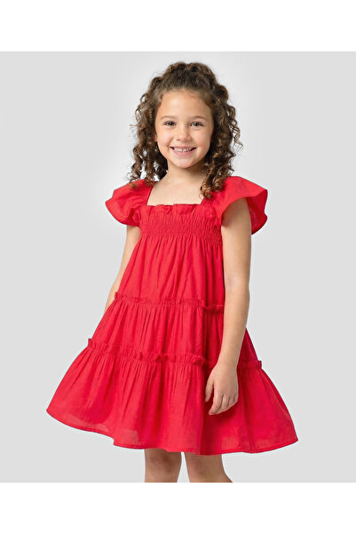 Primo Gino 100% Cotton Woven Dress with Ruffle Details - Red