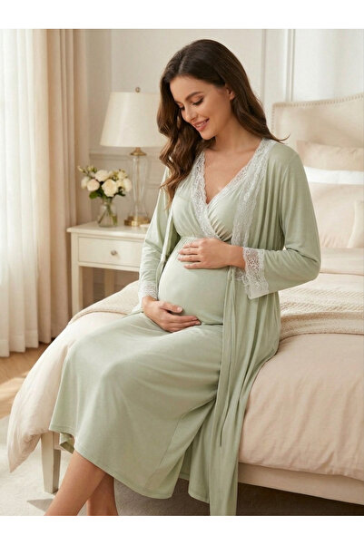 Lohusa Homewear Yeni Sezon Yeşil Hamile Lohusa Yazlık Zarif Dantel Detaylı Ta...