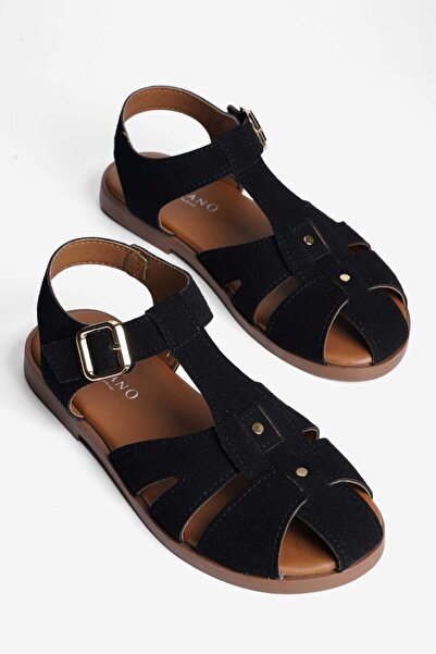 Mubiano Women's Suede Sandals with Gold Buckle, Casual and Stylish, Talise Black