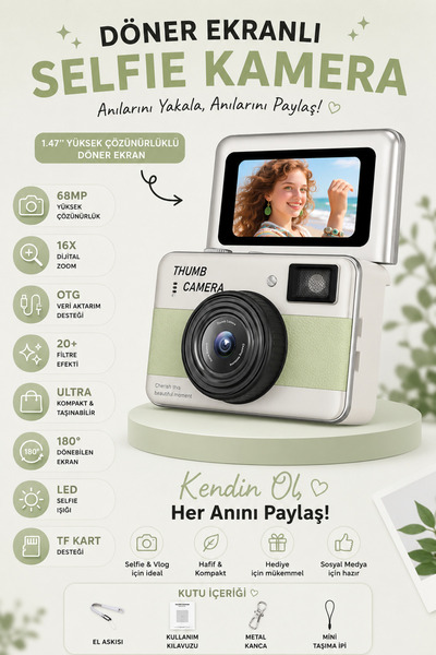 ROBEVE 68MP Dijital Fotoğraf Makinesi | 180° Döner Ekranlı Mini Selfie Kamera...
