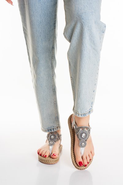 HAYAT SHOES Straw Flip-Flop Women's Sandals with Silver Color Diamond Detail