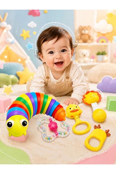 SAZE Bebek Oyuncak Tırtıl & Çıngırak Diş Kaşıyıcı 2’li Set – Eğitici Duyusal ...
