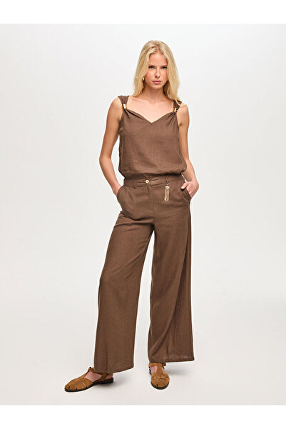 Faik Sönmez Wide Leg Fit Metal Aksesuarlı Keten Karışımlı Pantolon S26PNT034