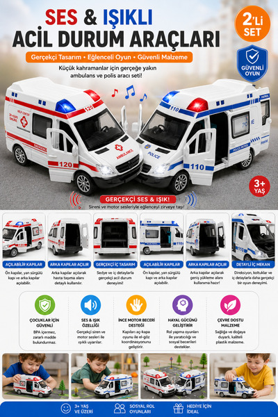cayenna 15 Cm Sesli ve Işıklı Oyuncak Polis, Ambulans Açılabilir Kapılı Gerçe...