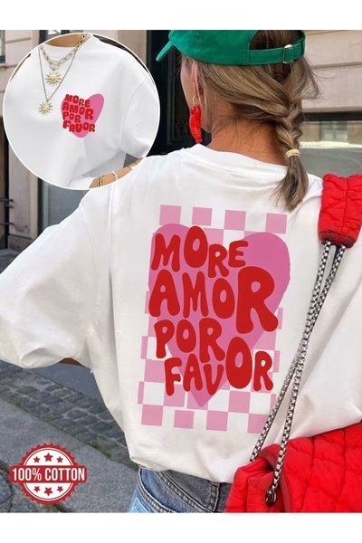 Massgai Tricou unisex More Amore Por Favor cu imprimeu inimă, supradimensiona...