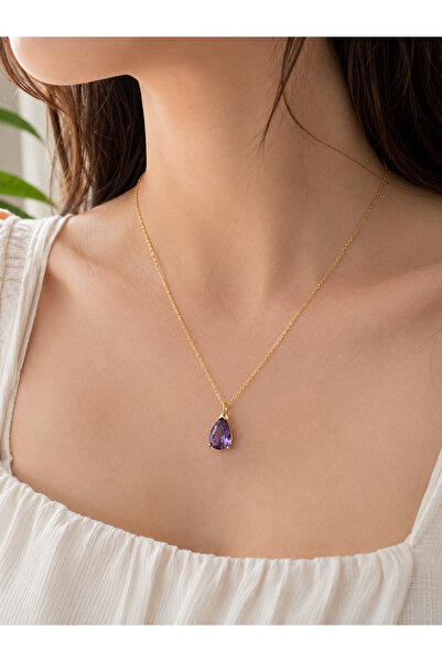 Frost Jewellry 925 ayar altın kaplama mor damla taşlı gümüş kolye
