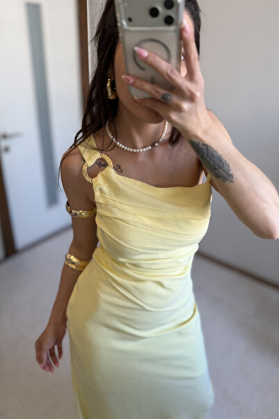 MoyStore Draped Dress with Thin Straps and Shoulder Buckle Detail