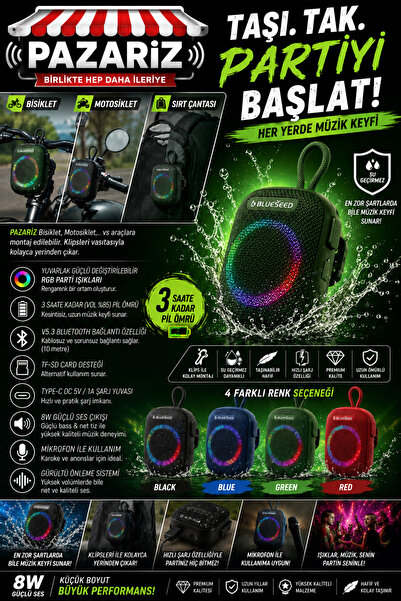 pazariz Wıreless Bluetooth Portable Speaker Bs-296 8w Rgb Kablosuz Hoparlör S...
