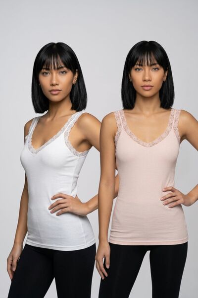 fevien 2-Pack Women's Lace Detailed V-Neck Thick Strap Camisole Self-Bra Cott...
