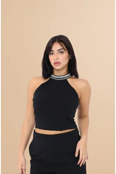 2TRENDY Luxury Black Top with Beaded Neckline