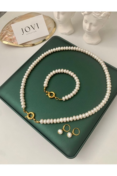 JOVİ ATELİER 50cm - Doğal Rondela İnci Kadın Kolye Bileklik Küpe Seti | Gemic...