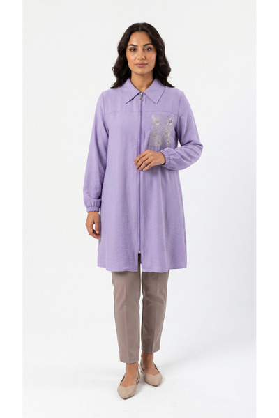 Şeker Portakalım Pocket Embroidery Detailed Long Hijab Shirt Tunic Lilac (Cho...