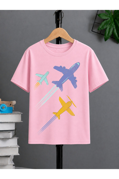 VODEXA Tricou oversize unisex cu imprimeu THREE AIRPLANES, 100% bumbac, croia...