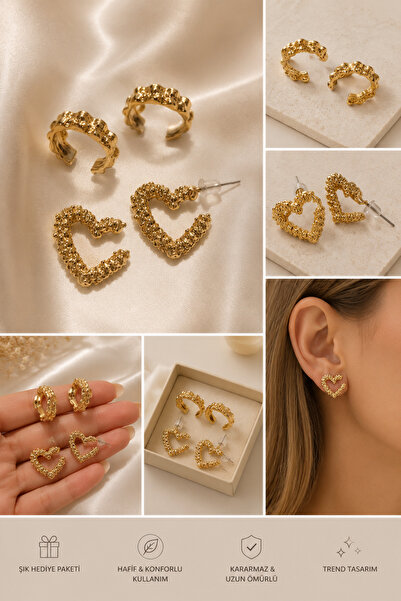 Merina Atölye Gözde Gold Heart-Shaped Round 2-Piece Earrings