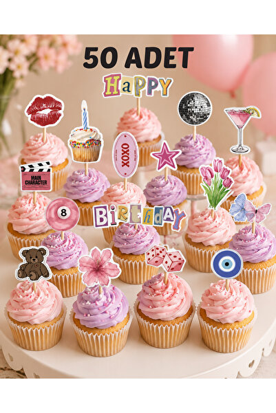 Dijital Nostal Birthday Girl Cupcake Topper Popüler Trend Kürdan Süs 50 Adet
