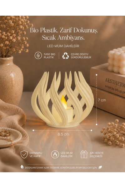 zulya Modern Alev Tasarımlı LED Mumluk Dekoratif Bioplastik Mumluk – 8.5x7 cm...