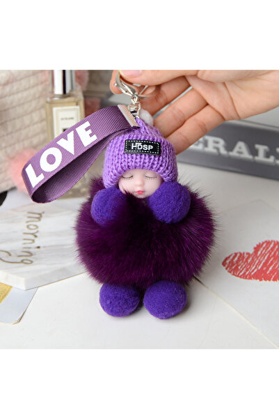 choice2 dark purple Pompom Sleeping Baby Keychain Cute Fluffy Plush Doll Keyh...
