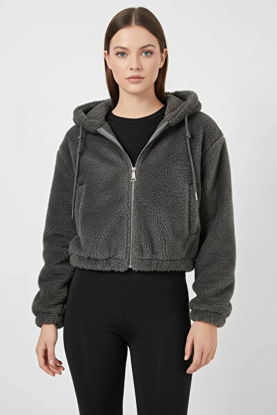 buğrahayalin Women's Hooded Crop Plush Anthracite Jacket
