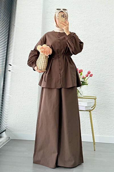 MELEK ARAZ Premium Oversize Birit Buttoned Linen Suit - Brown