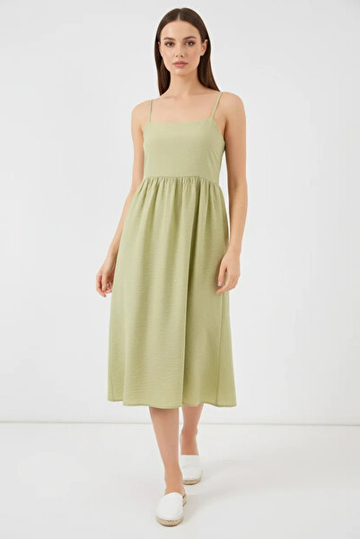 buğrahayalin Women's Viscose Green Dress with Gathered Waist and Straps