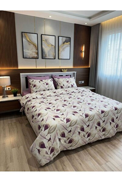 VİENNA Double Duvet Cover Set with Elastic Sheets and 4 Pillowcases Soft Text...