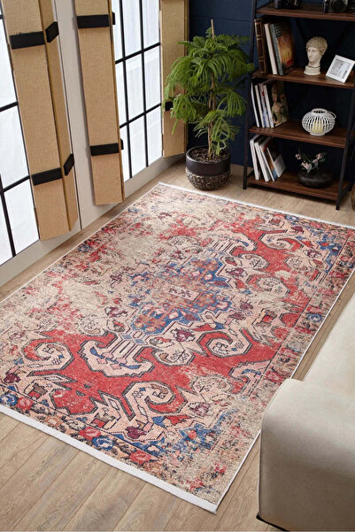 halinet Halı.Net Red Vintage Antique Washable Non-Slip Living Room Carpet Hal...
