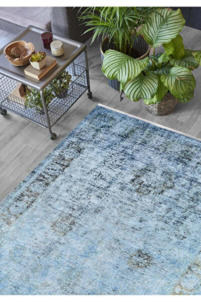 halinet Halı.Net Blue Vintage Antique Washable Non-Slip Living Room Carpet Ha...