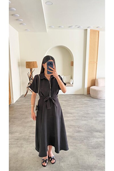 GAUS CO Siyah Polo Yaka Kuşaklı Tencel Kumaş Elbise GAUS-01429