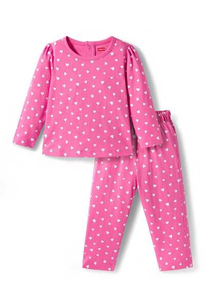 Babyhug Cotton Knit Full Sleeves Co-ords Night Suit with Heart Print - Pink