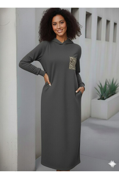 Efnaz style فستان ماكسي نسائي بأكمام طويلة وقلنسوة وتفاصيل جيب من الفيسكوز بخ...