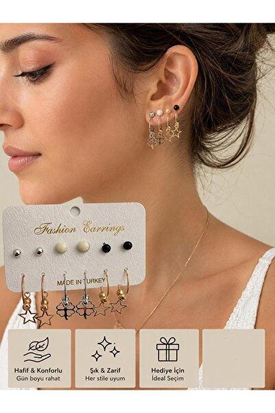 ELUNE İSTANBUL Milano Multiple Women's Earring Set with Star and Clover Figur...