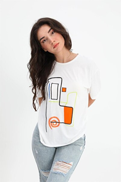 VELİZADE T-shirt Geometric Pattern - Ecru