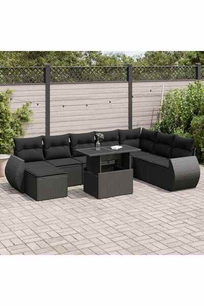 vidaxl Set mobilier de gradina cu perne, 9 piese, negru, poliratan