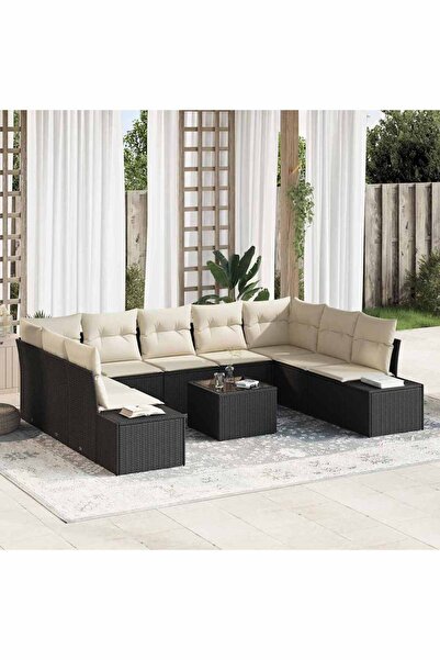 vidaxl Set de canapele pentru gradina cu perna 10 pcs Negru poliratan