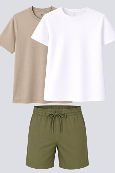 Freemen Pantaloni scurți din in pentru bărbați și tricou basic din bumbac alb...