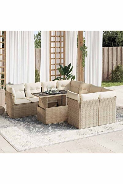 vidaxl Set canapele de gradina, 9 piese, cu perne, bej, poliratan