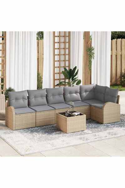 vidaxl Set de canapele pentru gradina cu perna 7 pcs Bej Rattan poli