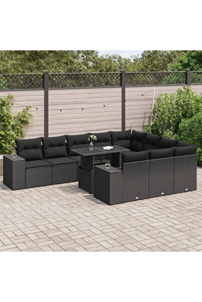 vidaxl Set canapele de gradina cu perne, 11 piese, negru, poliratan